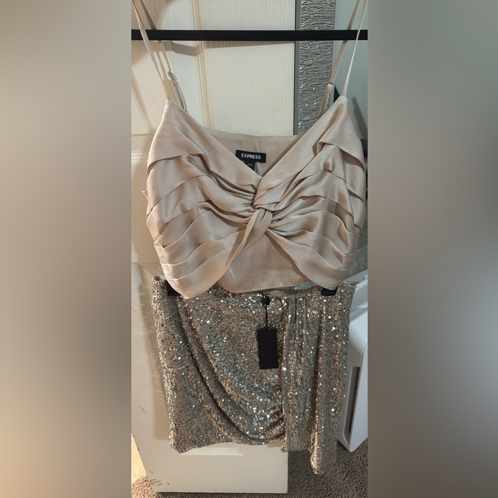 Express Champagne Ruched Top with Sequin Skirt